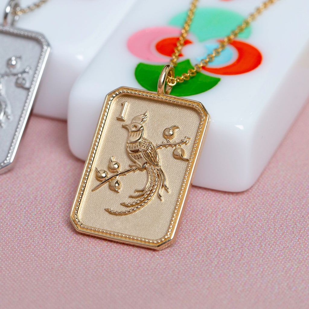 14ky Mahjong 1 Bam Bird Pendant Necklace