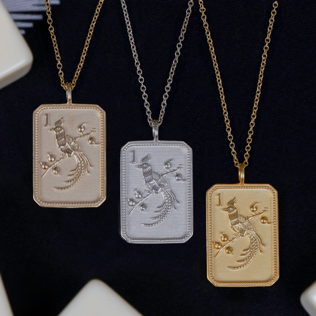 14ky Mahjong 1 Bam Bird Pendant Necklace