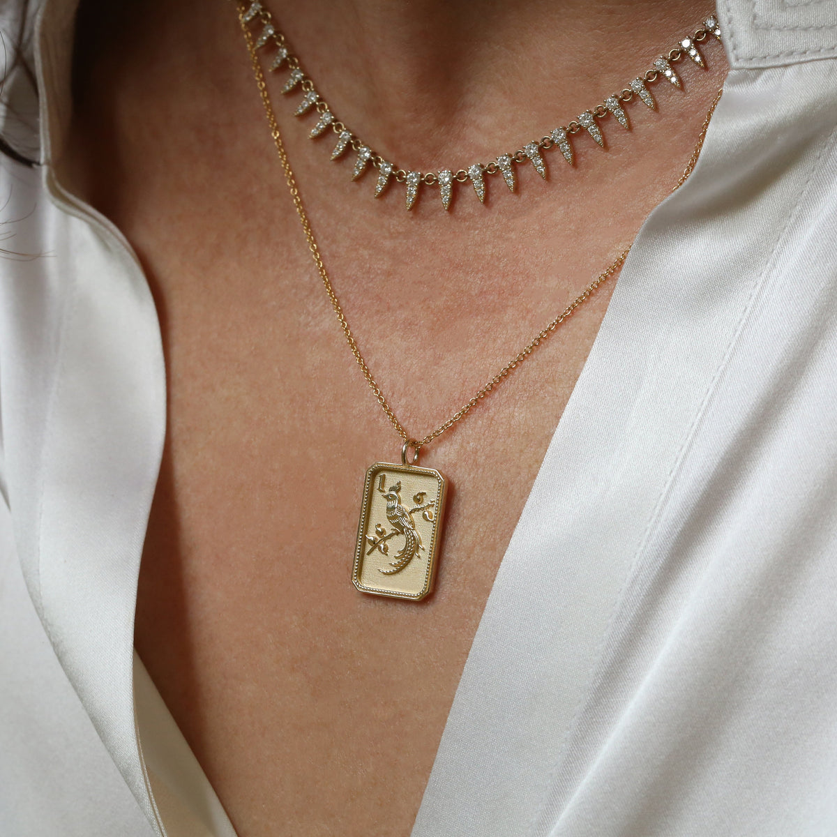 14ky Mahjong 1 Bam Bird Pendant Necklace